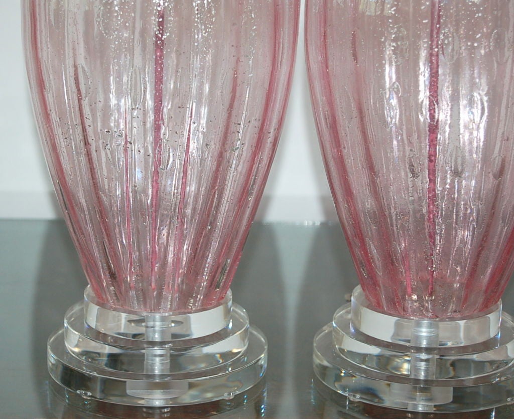 Italian Pair of Vintage Murano Lamps in Cotton Candy Pink with Silver For Sale