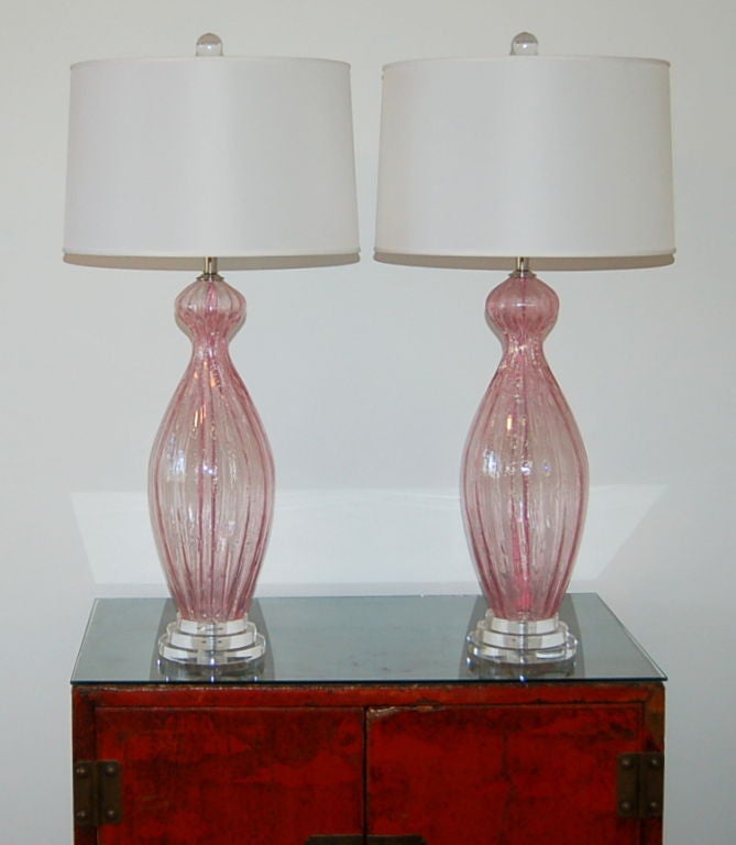 Pair of Vintage Murano Lamps in Cotton Candy Pink with Silver For Sale 1