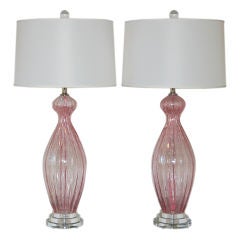 Pair of Vintage Murano Lamps in Cotton Candy Pink with Silver