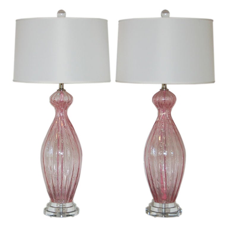 Pair of Vintage Murano Lamps in Cotton Candy Pink with Silver For Sale
