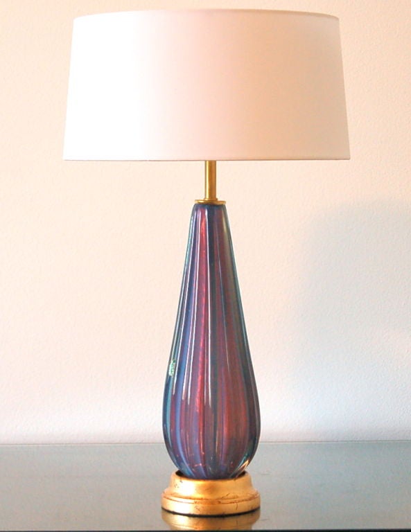 Perfect for bedside or vanity, these vintage Seguso opaline Murano lamps are quite glamorous.  The glass is a rich, very deep lavender heavily accented with opaline which give them a magical quality that cannot be duplicated.  <br />
<br />
The