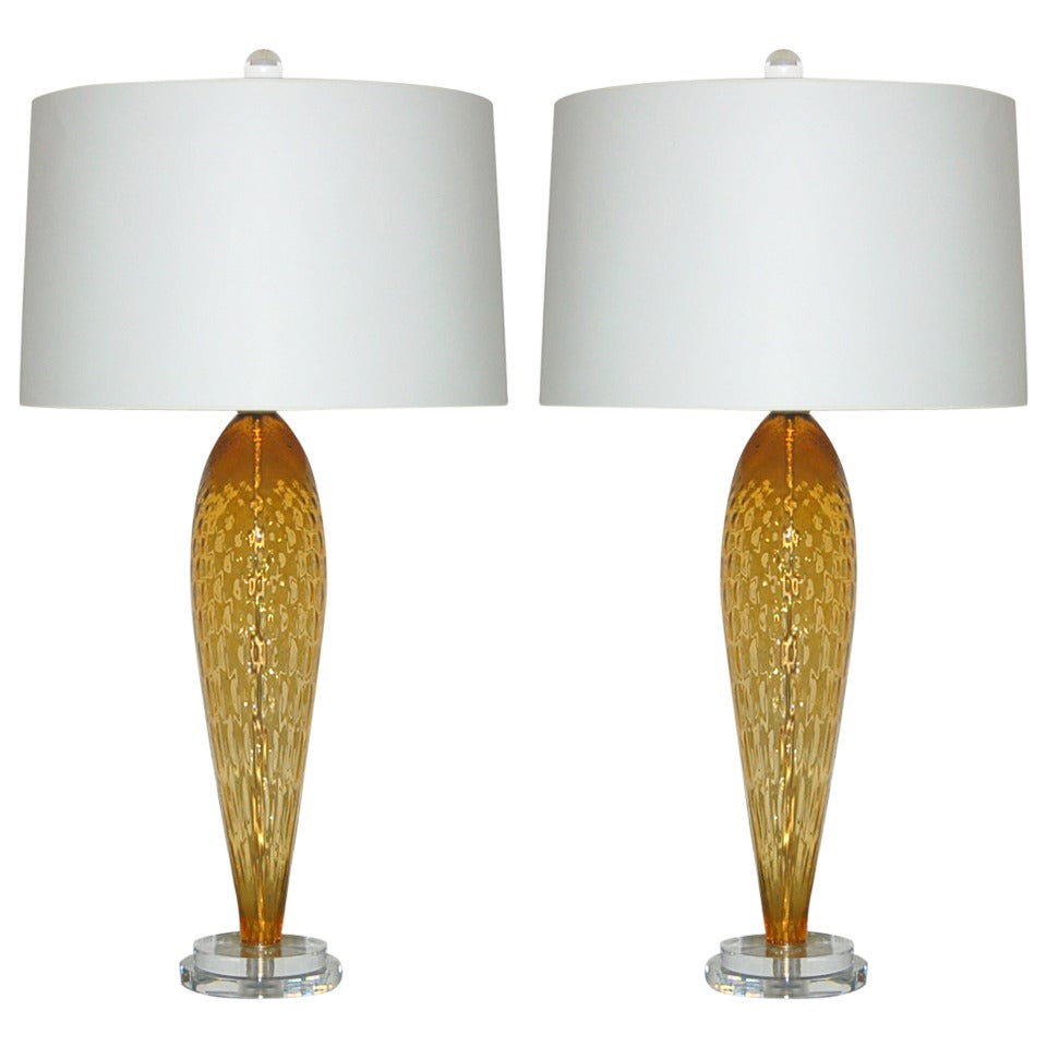 Pair of Vintage Italian Windowpane Glass Lamps in Butterscotch