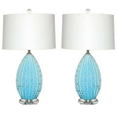 Pair of Vintage Murano Lamps by Alfredo Barbini in Robin's Egg Blue