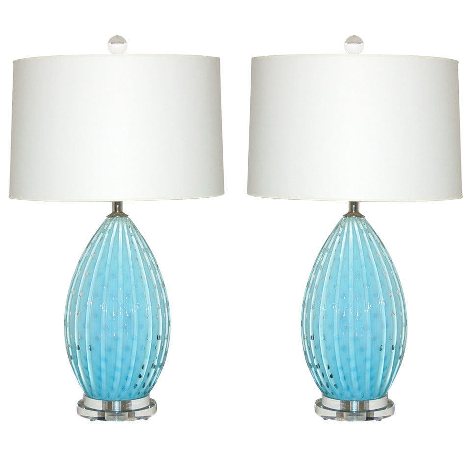 Pair of Vintage Murano Lamps by Alfredo Barbini in Robin's Egg Blue For Sale