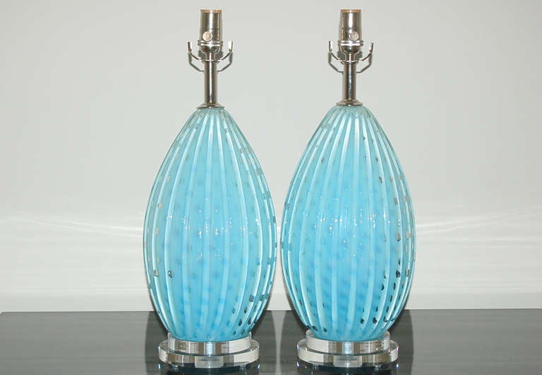 Italian Pair of Vintage Murano Lamps by Alfredo Barbini in Robin's Egg Blue For Sale