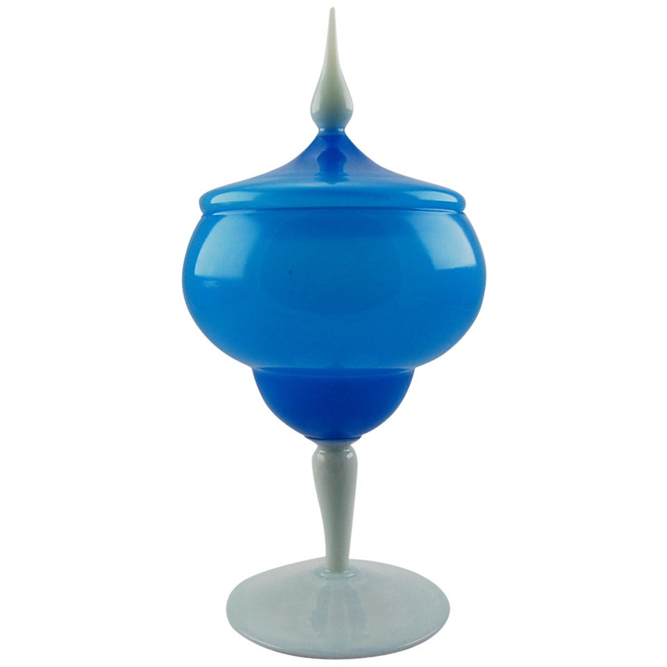 Vintage Murano Lidded Compote Candy Dish in Blue Opaline For Sale
