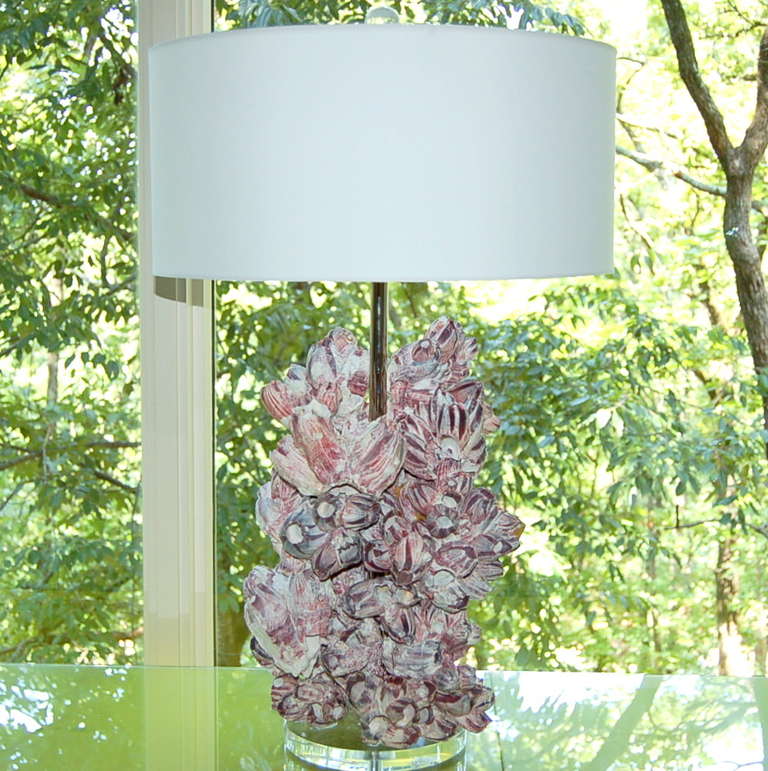 Artist sculpted Barnacle lamps, designed by Swank Lighting, full of whimsy and style. Wonderfully textured, with shots of AMETHYST and CREAM throughout.

The lamps stand 27 inches from tabletop to socket top. As shown, the top of shade is 29 inches