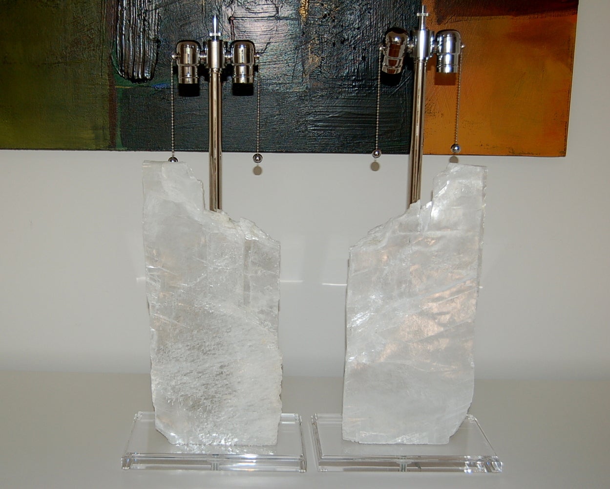 Mid-Century Modern Bookend Pair of Selenite Table Lamps