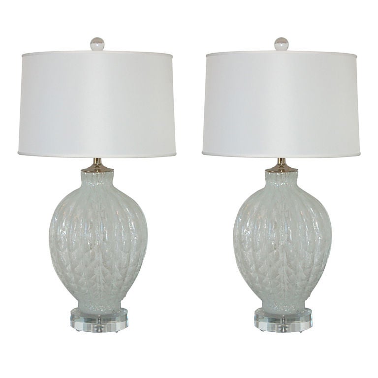 Matched Pair of Vintage Murano Pulegoso Lamps by Galliano Ferro in White  For Sale