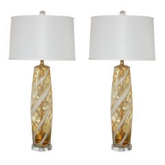 Vintage Lemon Honey Murano Lamps with White Ribboned Swirl