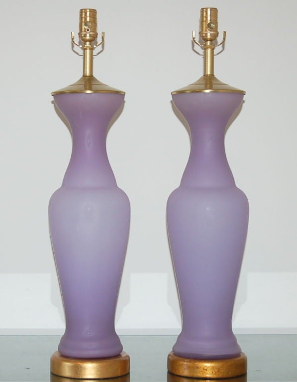 For those wanting a shot of Necco Wafer candy color, we offer this matched pair of vintage Murano lamps by Archimede Seguso.  The elegant satin finish is in LAVENDER ORCHID FROST.  The glass seems to glow as if lit from within.

We have these