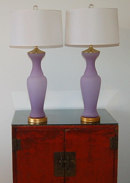 Pair of Vintage Murano Lamps by Seguso in Lavender Orchid Frost 2