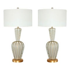 Vintage Rare Pair of Classic Barovier & Toso Lamps in White and Gold