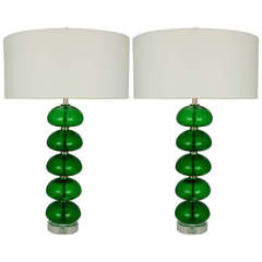 Pair of Vintage Murano, Stacked Font Lamps in Emerald