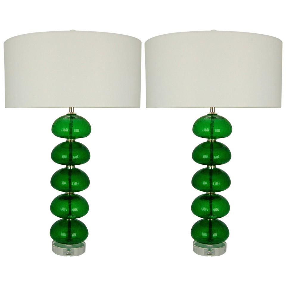 Pair of Vintage Murano, Stacked Font Lamps in Emerald For Sale