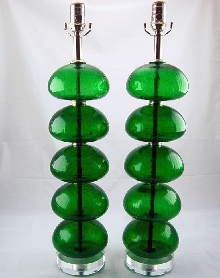 Mid-Century Modern Pair of Vintage Murano, Stacked Font Lamps in Emerald For Sale