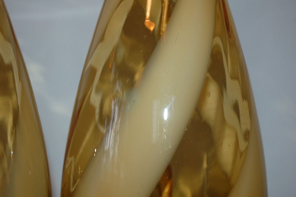 Italian Butterscotch Vintage Murano Lamps with White Candy Cane Ribbon For Sale