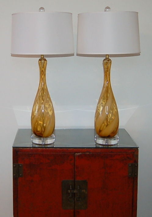 20th Century Butterscotch Vintage Murano Lamps with White Candy Cane Ribbon For Sale