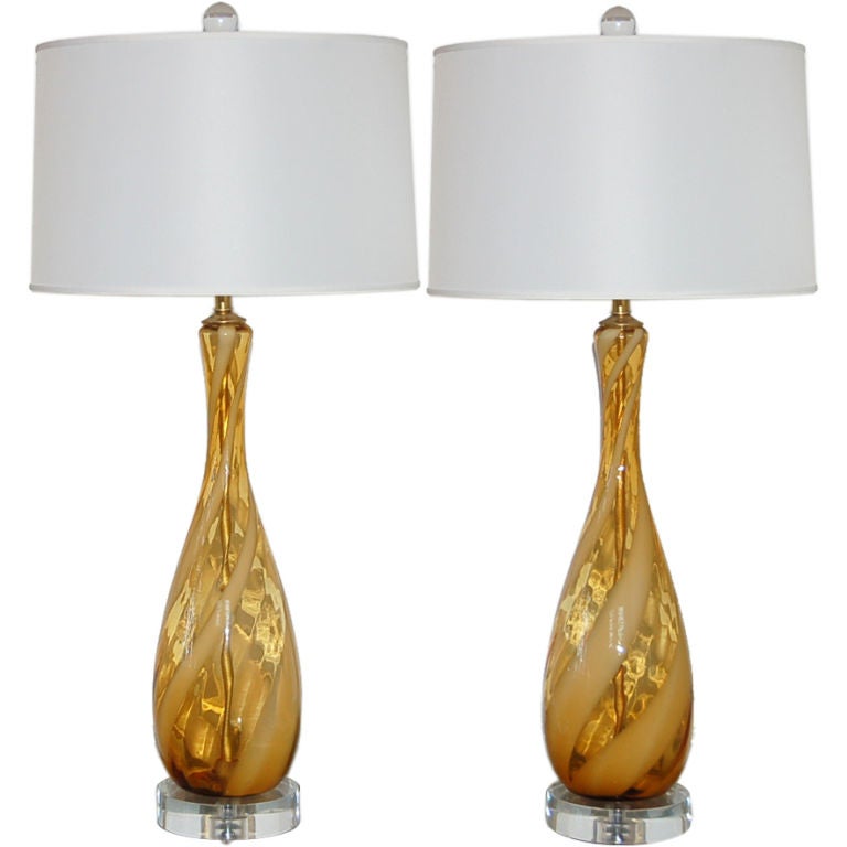 Butterscotch Vintage Murano Lamps with White Candy Cane Ribbon For Sale