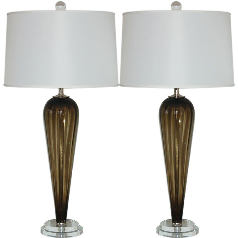 Matched Pair of Vintage Murano Teardrop Lamps in Smokey Brown For Sale