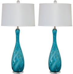 Peacock Blue Vintage Italian Lamps with White Ribbon Swirls