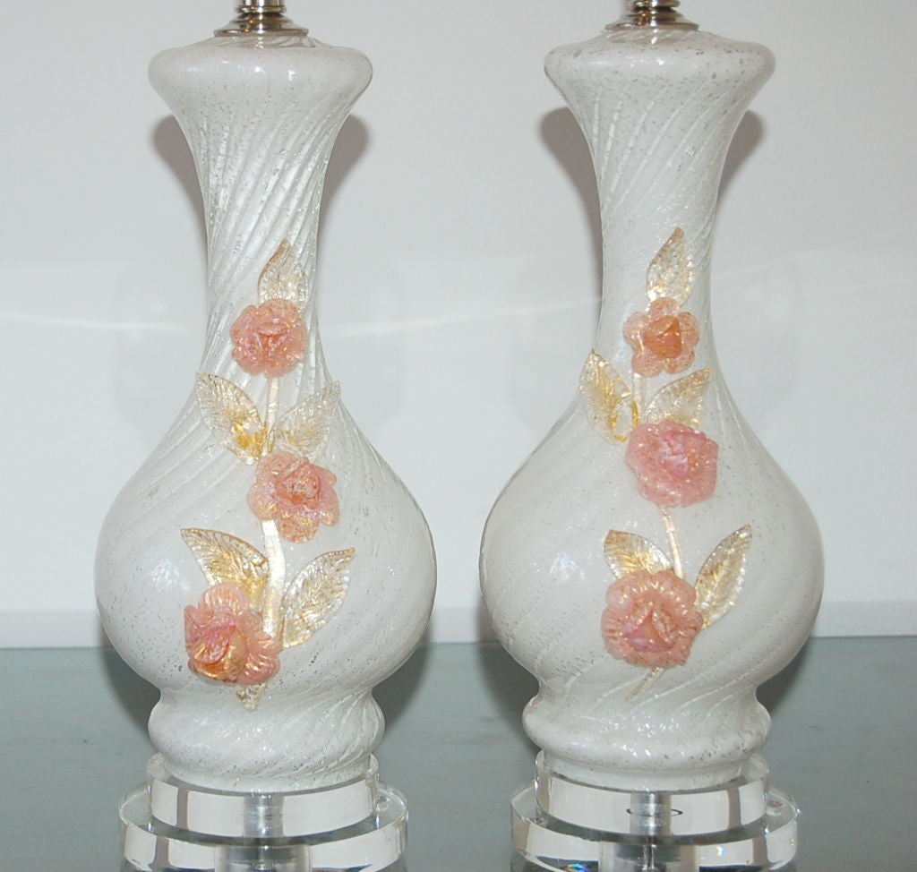 Italian Vintage Murano Lamps with Applied Glass Roses in Vanilla For Sale