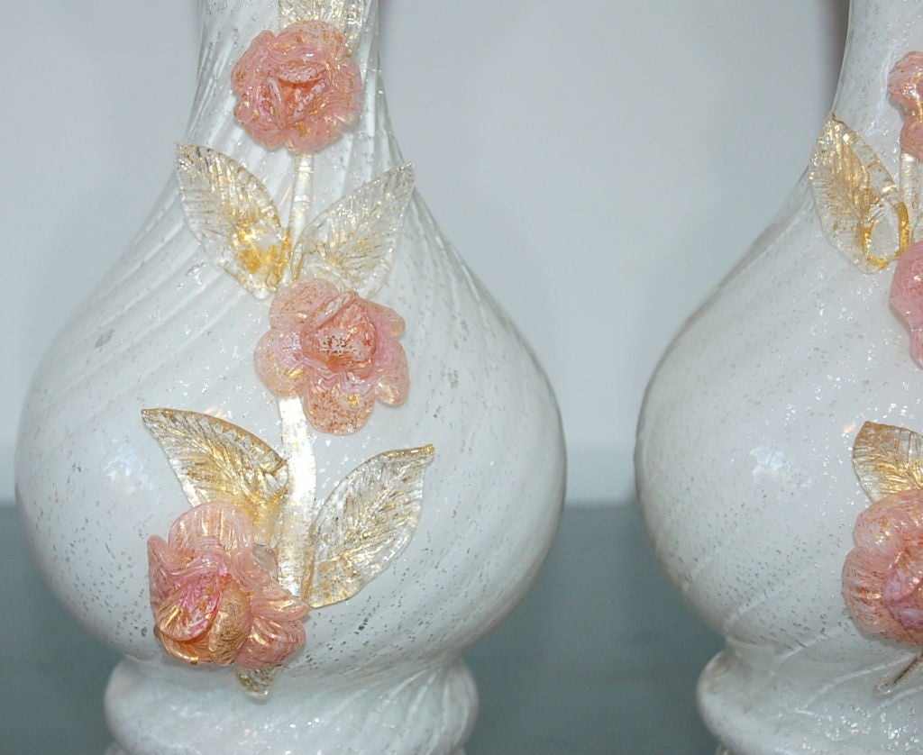 Vintage Murano Lamps with Applied Glass Roses in Vanilla In Excellent Condition For Sale In Little Rock, AR