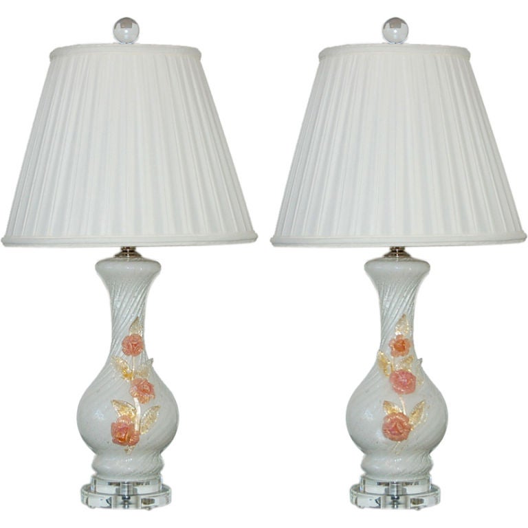 Vintage Murano Lamps with Applied Glass Roses in Vanilla For Sale