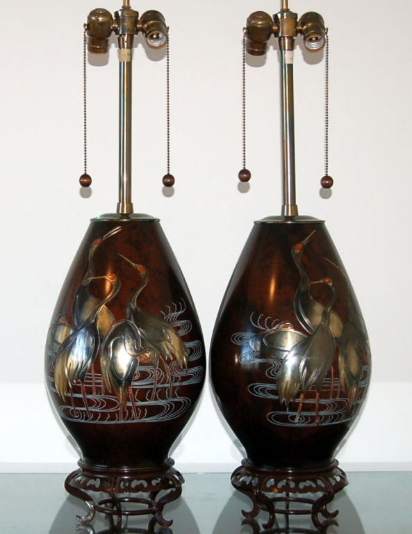 Matched Pair of Japanese Mixed Metal Lamps by Marbro
