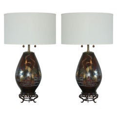 Matched Pair of Japanese Mixed Metal Lamps by Marbro