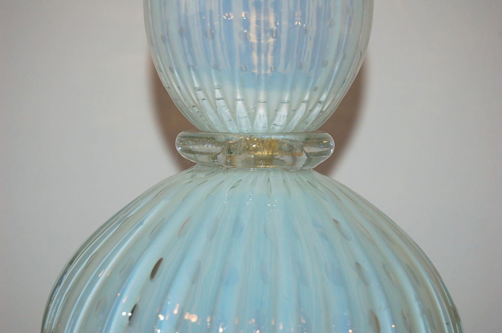 Brass Curvaceous White Opaline Murano Lampwith Controlled Bubbles For Sale