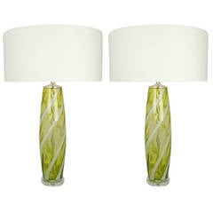 Pair of Vintage Murano Glass Lamps in Chartreuse with Ribbon Swirl