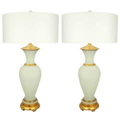 Pair of Vintage Murano White Opaline Table Lamps with Gold Bands
