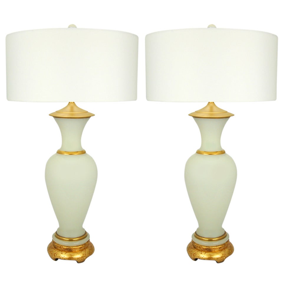 Pair of Vintage Murano White Opaline Table Lamps with Gold Bands For Sale