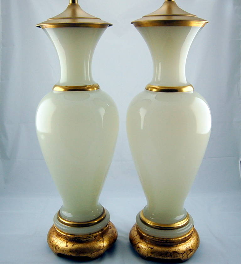 Hollywood Regency Pair of Vintage Murano White Opaline Table Lamps with Gold Bands For Sale