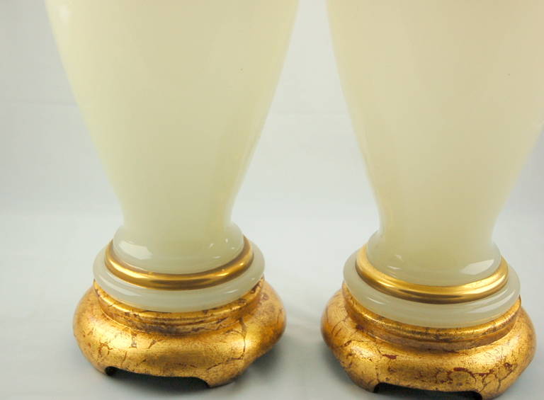 Italian Pair of Vintage Murano White Opaline Table Lamps with Gold Bands For Sale