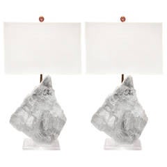 Retro Matched Pair of Monumental Selenite Table Lamps