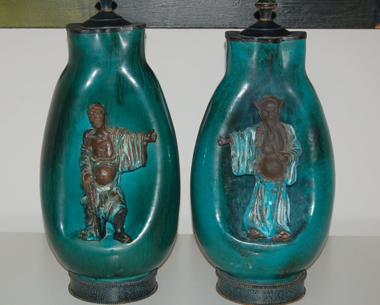 Mid-Century Modern Green Chinese Scholar Lamps by Fantoni For Sale