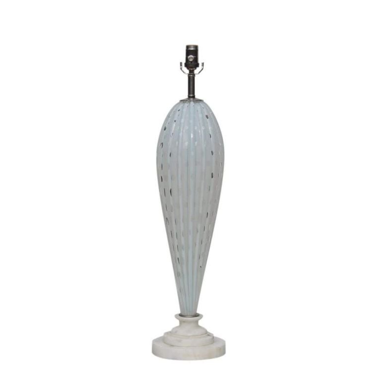 Vintage enormous Murano glass table lamp by Alfredo Barbini.  The WHITE OPALINE glass is quite magical, as there is the slightest hint of SOFT BLUE to the color, courtesy of the opaline. 

The lamp is 27 inches tall from tabletop to socket top. As