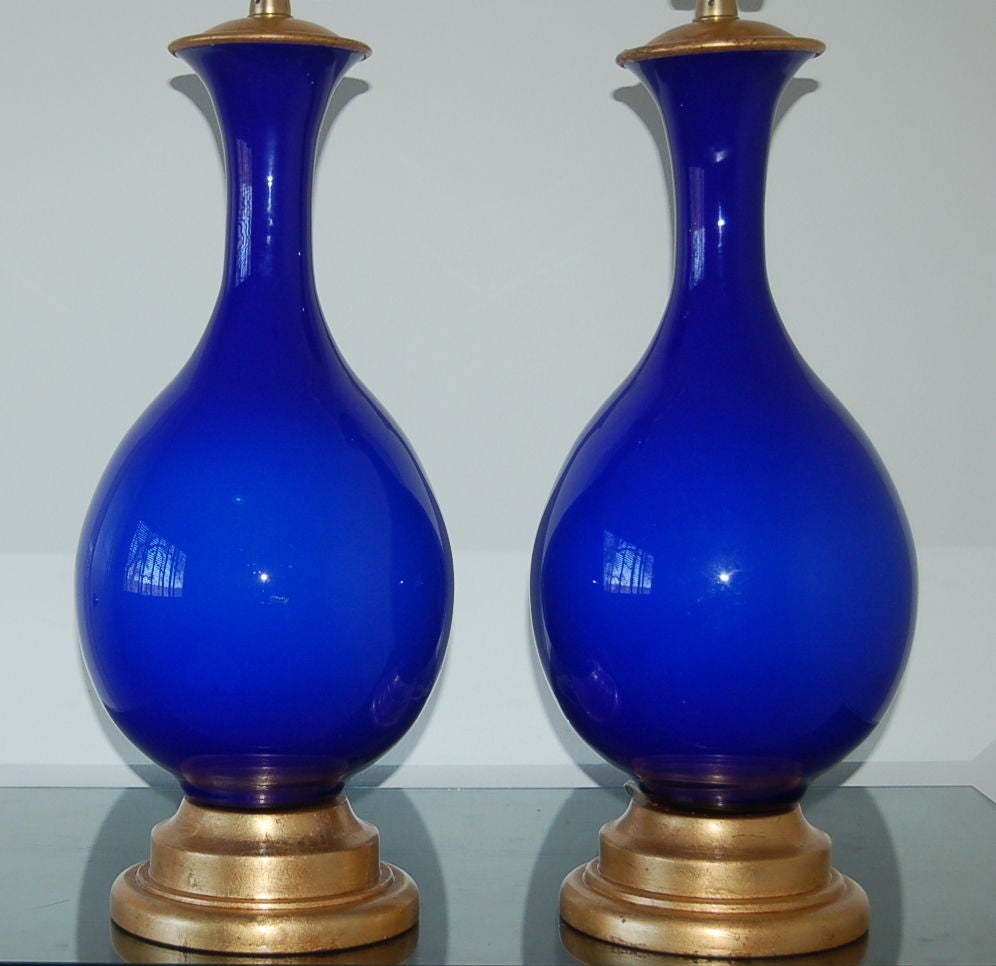 Italian Matched Pair of Vintage Cobalt Murano Lamps by Marbro For Sale