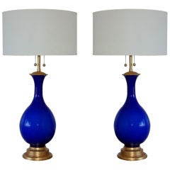 Matched Pair of Vintage Cobalt Murano Lamps by Marbro