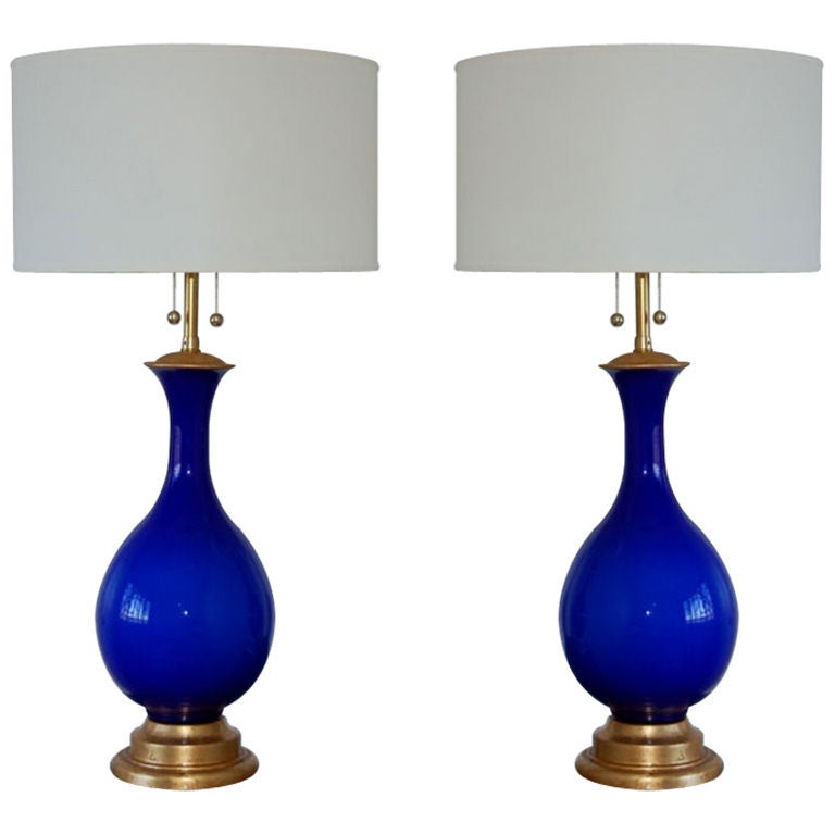 Matched Pair of Vintage Cobalt Murano Lamps by Marbro For Sale