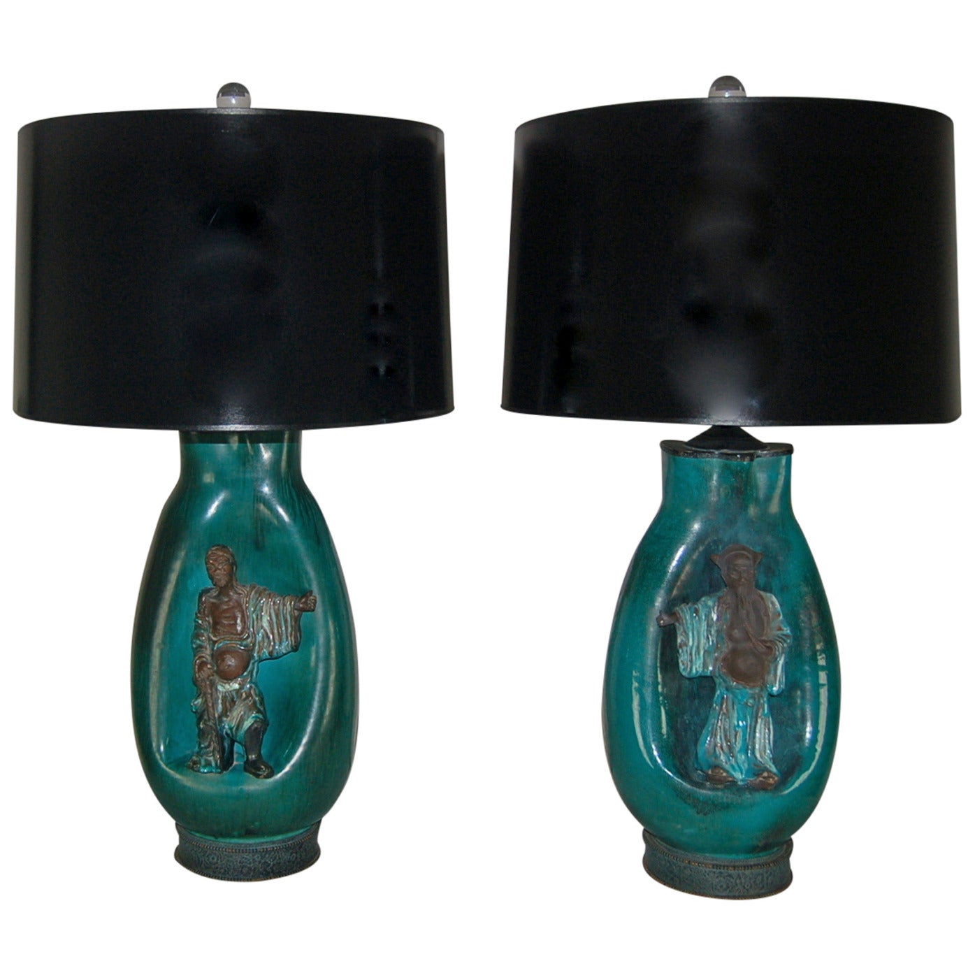 Green Chinese Scholar Lamps by Fantoni For Sale