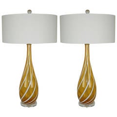 Pair of Vintage Butterscotch Murano Lamps with White Applied Drips