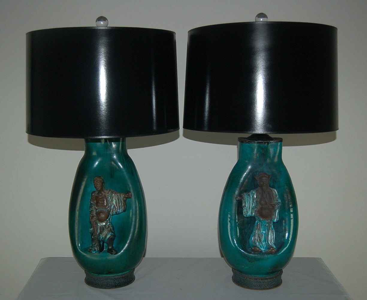 From the Chinese Scholar series by Marcello Fantoni, a matched pair of  rectangular table lamps - absolutely stunning and in mint condition. Each is hand-painted, with incredible detailing to the figure. Signed by the artist. 

They stand 25 inches