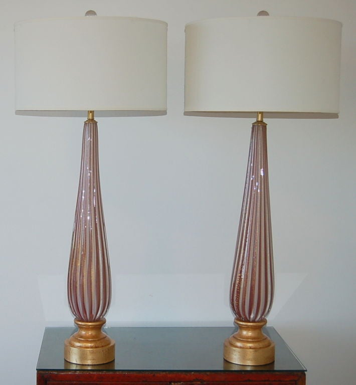 Hollywood Regency Monumental Pair of Vintage Murano Striped Lamps on Gold For Sale