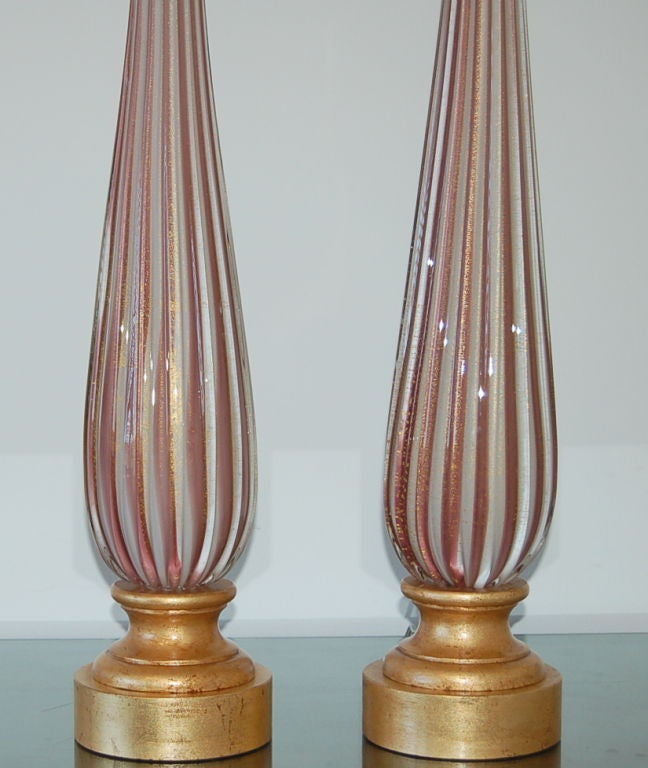 Italian Monumental Pair of Vintage Murano Striped Lamps on Gold For Sale