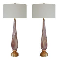 Monumental Pair of Vintage Murano Striped Lamps on Gold