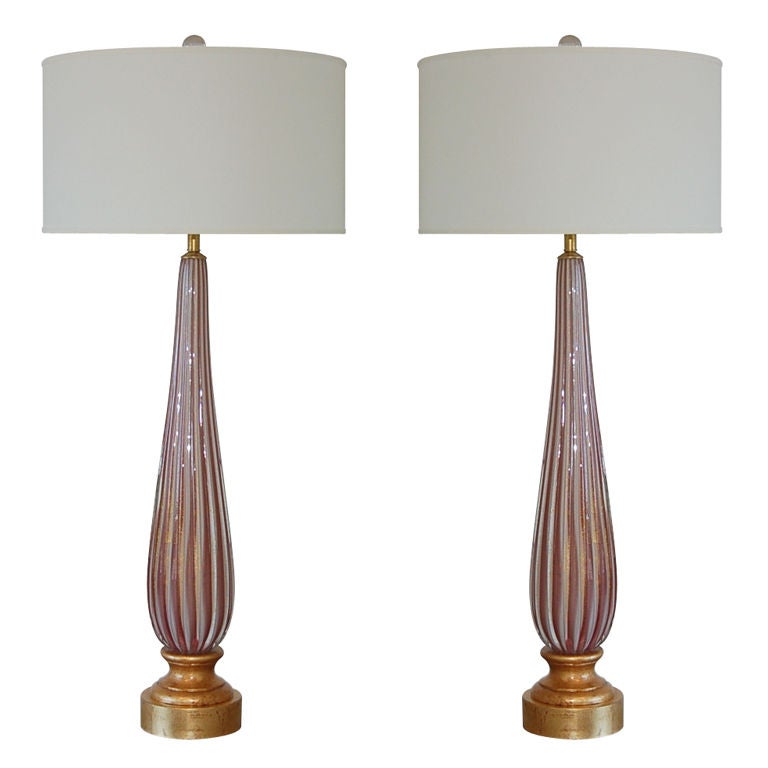 Monumental Pair of Vintage Murano Striped Lamps on Gold For Sale