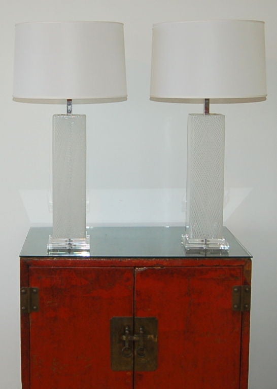 Matched Pair of Dino Martens Latticino Tower Murano Lamps For Sale 2